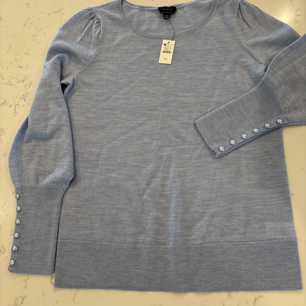 Talbots Gathered Shoulder Merino Wool Scoop Neck Pearl Button Sweater Blue SZ XS